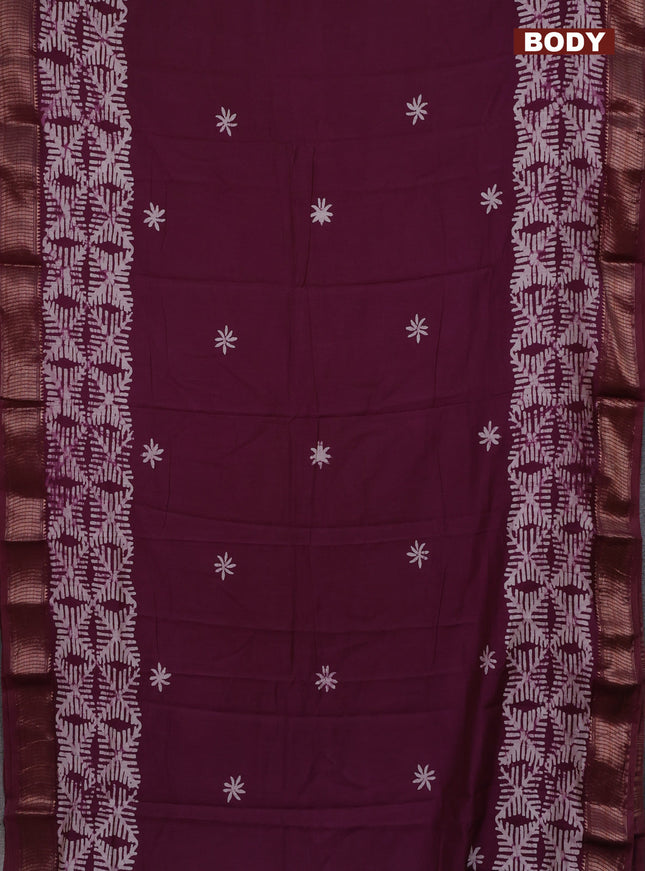 Semi chanderi saree wine shade with batik butta prints and woven border