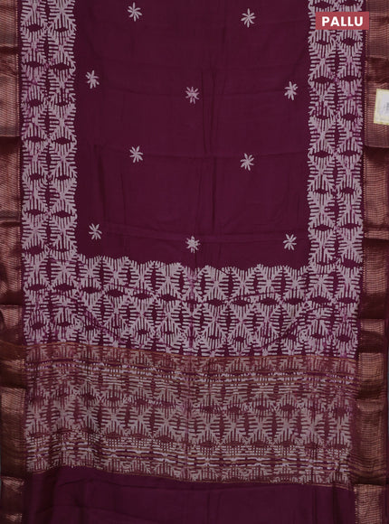 Semi chanderi saree wine shade with batik butta prints and woven border