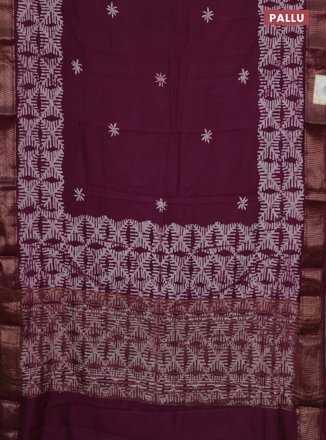Semi chanderi saree wine shade with batik butta prints and woven border