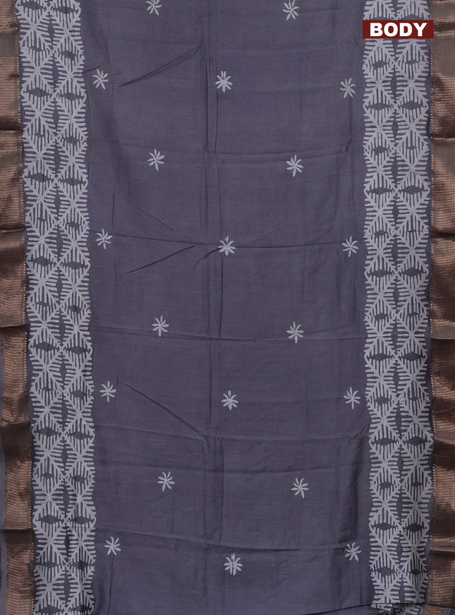 Semi chanderi saree grey and off white with batik butta prints and woven border