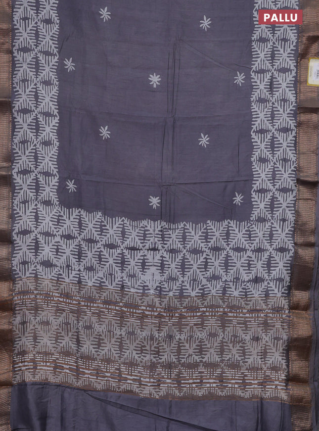 Semi chanderi saree grey and off white with batik butta prints and woven border