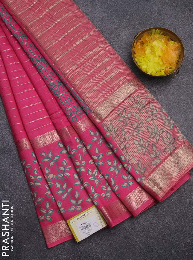 Semi chanderi saree pink with allover zari weaves and long printed zari border