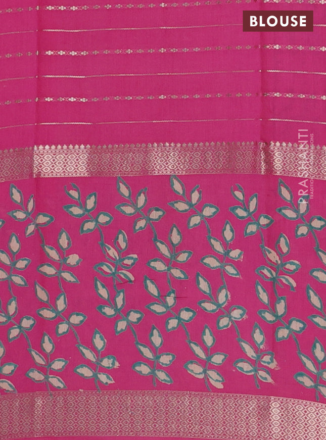 Semi chanderi saree pink with allover zari weaves and long printed zari border