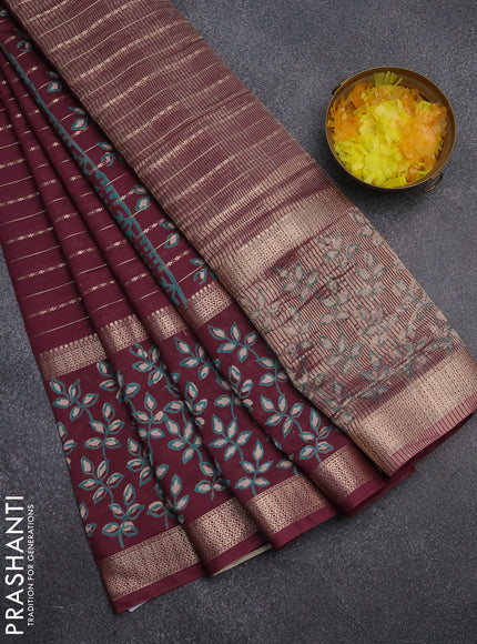 Semi chanderi saree wine shade with allover zari weaves and long printed zari border