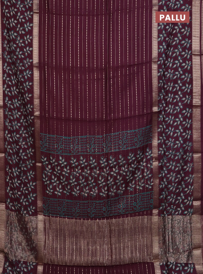 Semi chanderi saree wine shade with allover zari weaves and long printed zari border