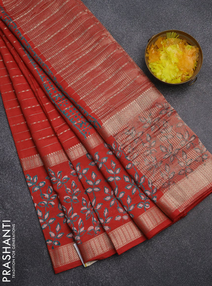 Semi chanderi saree rustic orange with allover zari weaves and long printed zari border