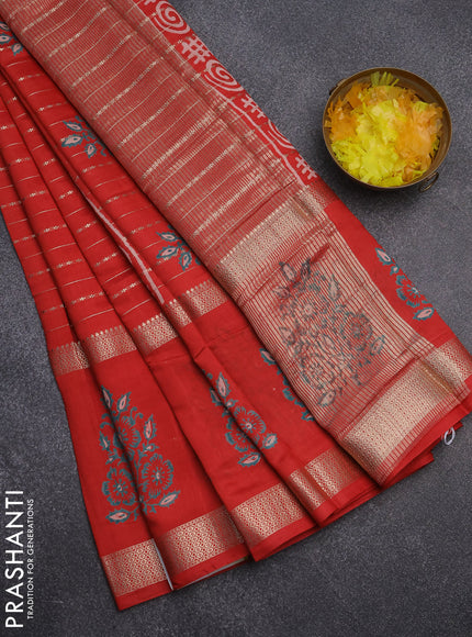 Semi chanderi saree red with allover zari weaves and long printed butta zari border