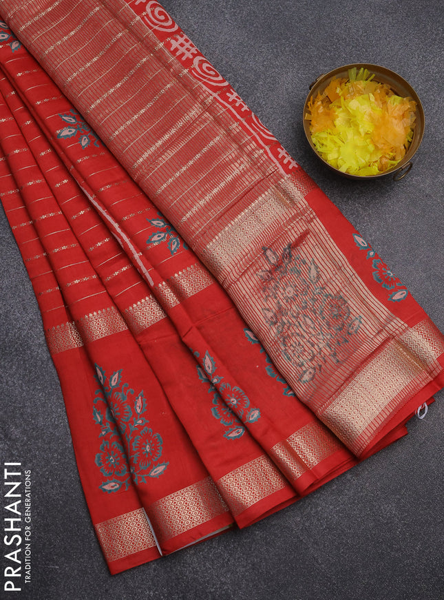 Semi chanderi saree red with allover zari weaves and long printed butta zari border