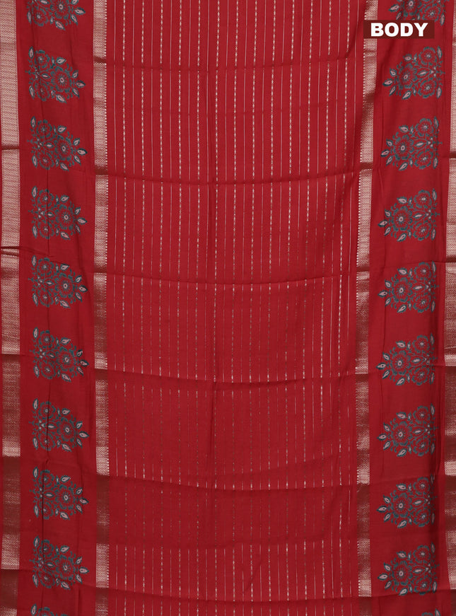 Semi chanderi saree red with allover zari weaves and long printed butta zari border