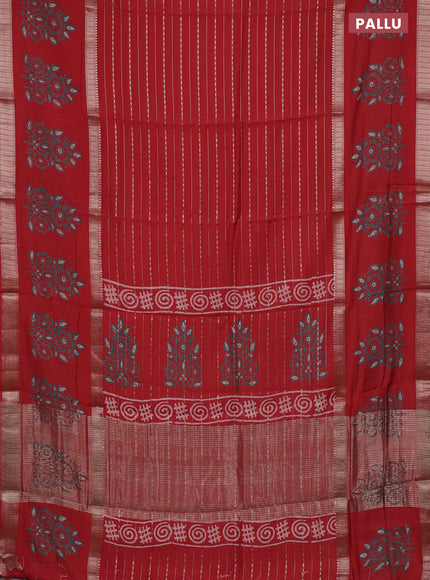 Semi chanderi saree red with allover zari weaves and long printed butta zari border