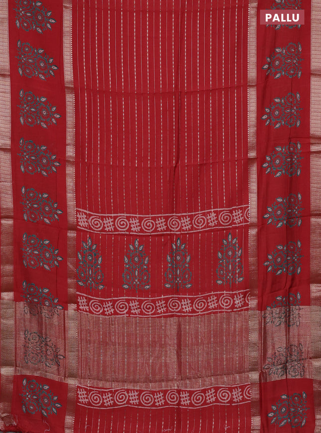 Semi chanderi saree red with allover zari weaves and long printed butta zari border