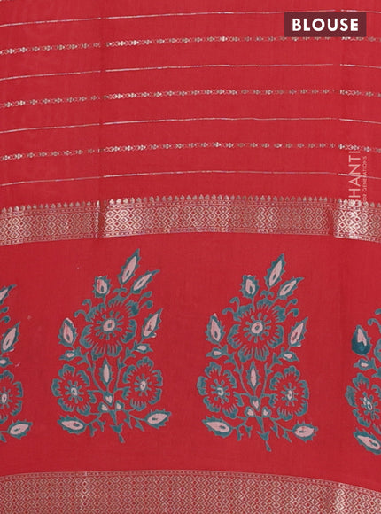 Semi chanderi saree red with allover zari weaves and long printed butta zari border