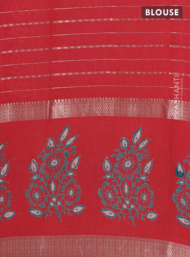 Semi chanderi saree red with allover zari weaves and long printed butta zari border