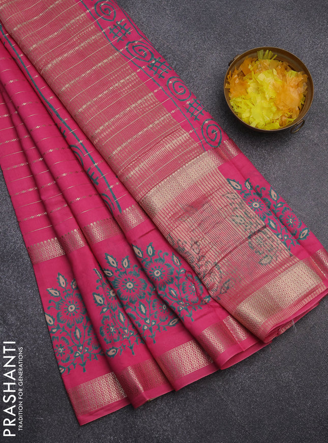 Semi chanderi saree pink with allover zari weaves and long printed butta zari border