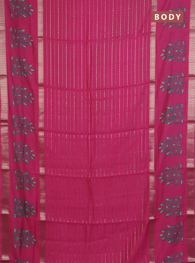 Semi chanderi saree pink with allover zari weaves and long printed butta zari border