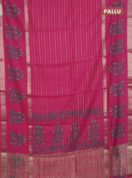 Semi chanderi saree pink with allover zari weaves and long printed butta zari border