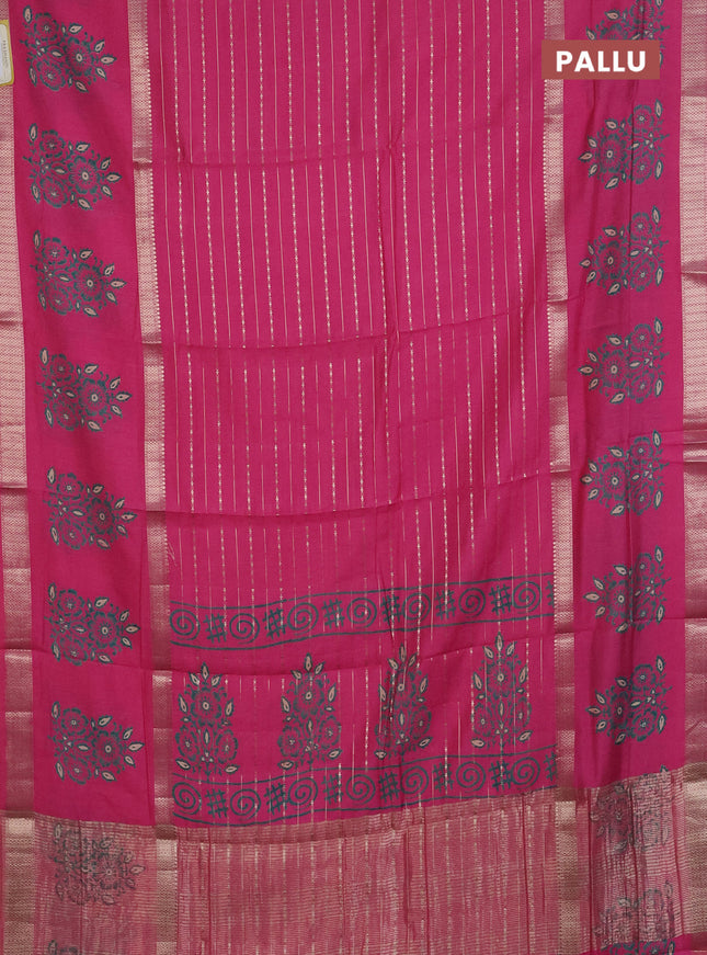 Semi chanderi saree pink with allover zari weaves and long printed butta zari border