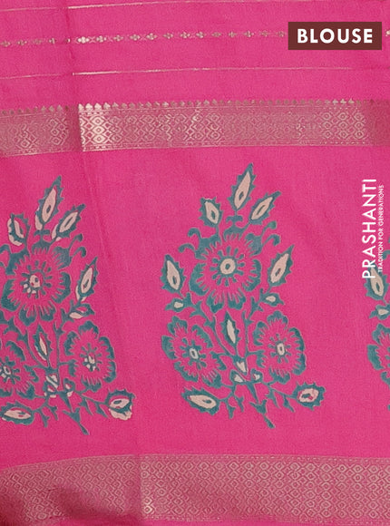 Semi chanderi saree pink with allover zari weaves and long printed butta zari border