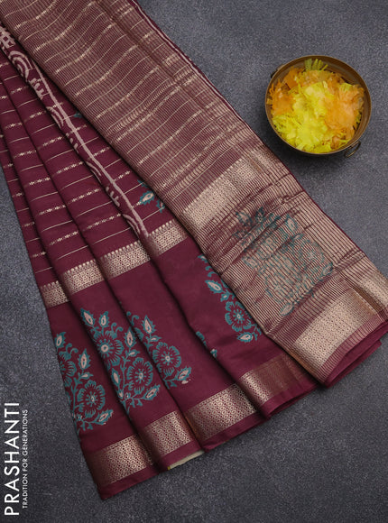 Semi chanderi saree wine shade with allover zari weaves and long printed butta zari border