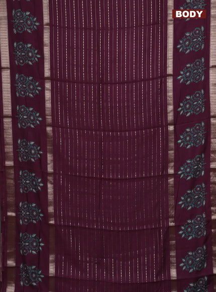 Semi chanderi saree wine shade with allover zari weaves and long printed butta zari border