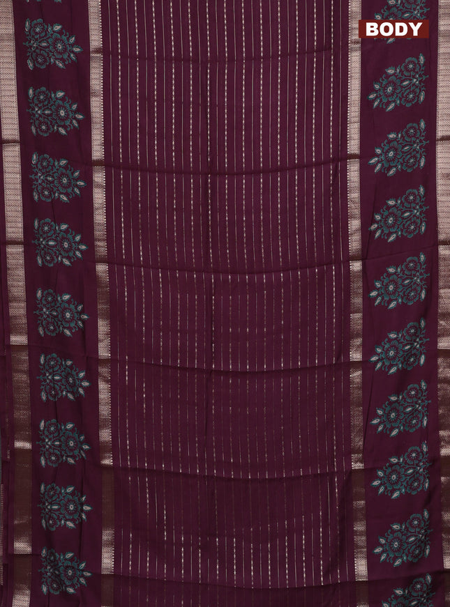 Semi chanderi saree wine shade with allover zari weaves and long printed butta zari border