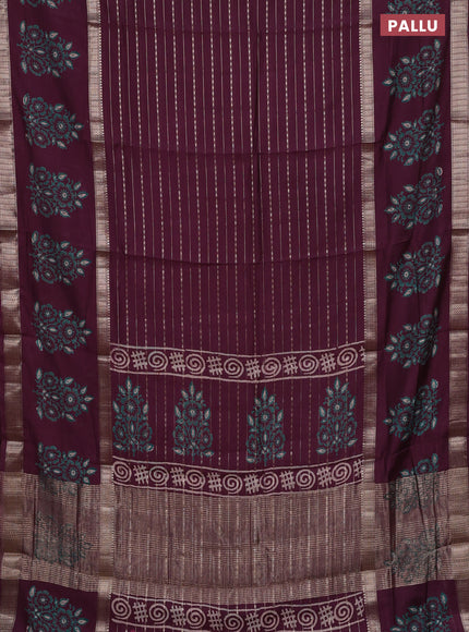 Semi chanderi saree wine shade with allover zari weaves and long printed butta zari border