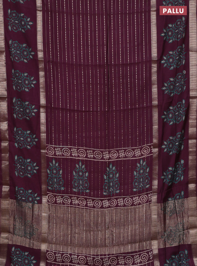 Semi chanderi saree wine shade with allover zari weaves and long printed butta zari border