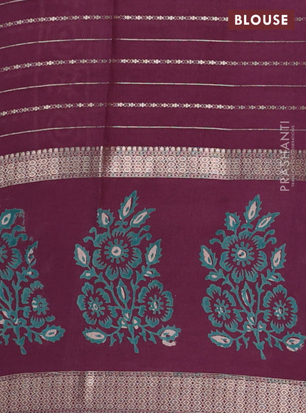 Semi chanderi saree wine shade with allover zari weaves and long printed butta zari border
