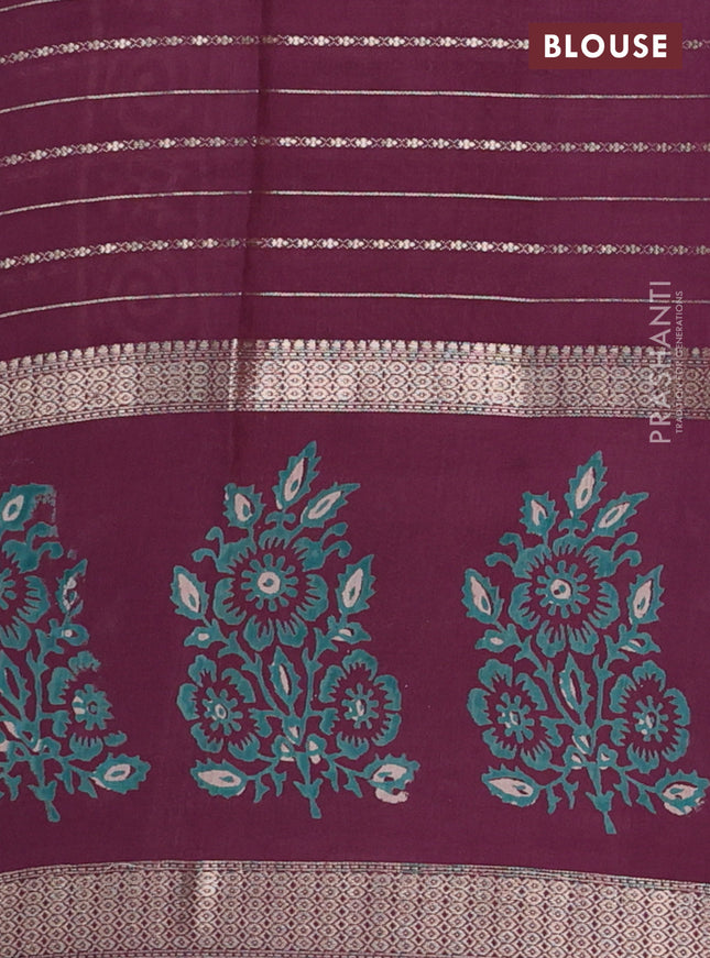 Semi chanderi saree wine shade with allover zari weaves and long printed butta zari border
