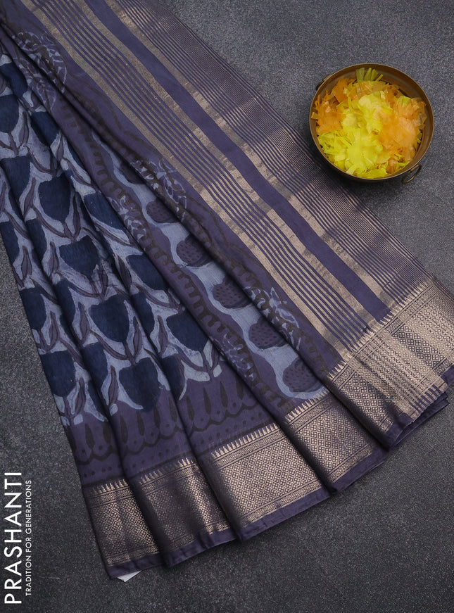 Semi chanderi saree indigo blue with allover ajrakh prints and zari woven border