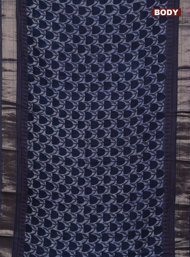 Semi chanderi saree indigo blue with allover ajrakh prints and zari woven border