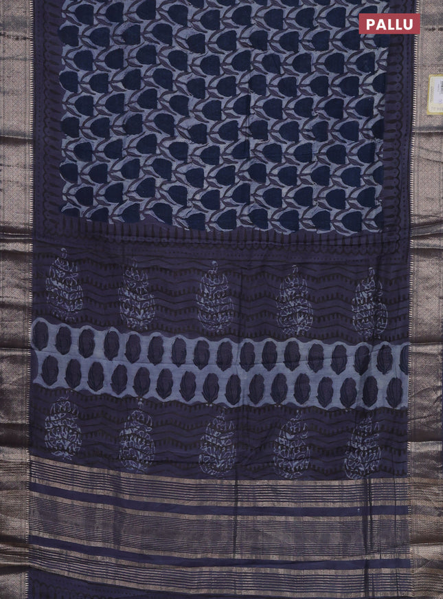 Semi chanderi saree indigo blue with allover ajrakh prints and zari woven border