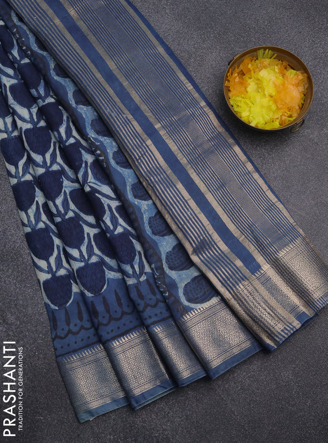 Semi chanderi saree indigo blue with allover ajrakh prints and zari woven border