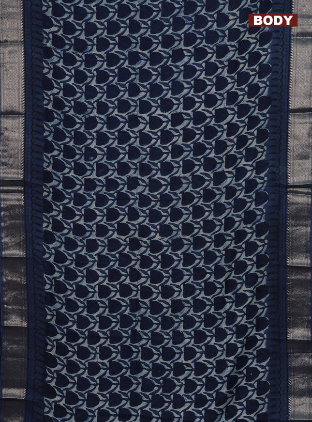 Semi chanderi saree indigo blue with allover ajrakh prints and zari woven border