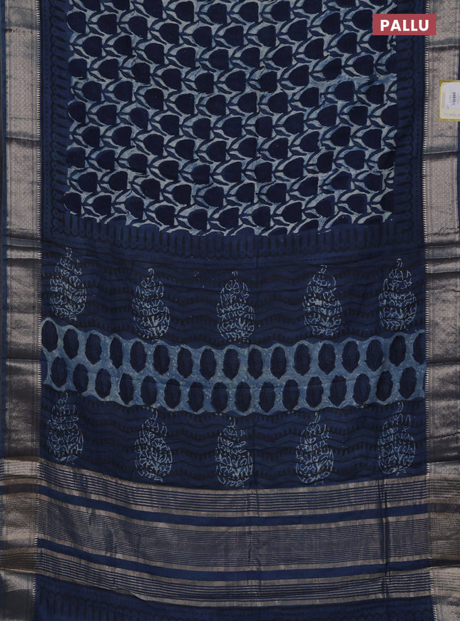 Semi chanderi saree indigo blue with allover ajrakh prints and zari woven border
