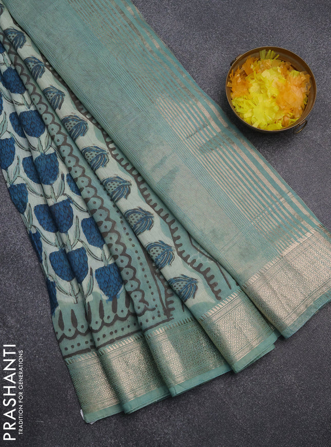 Semi chanderi saree pastel green with allover ajrakh prints and zari woven border