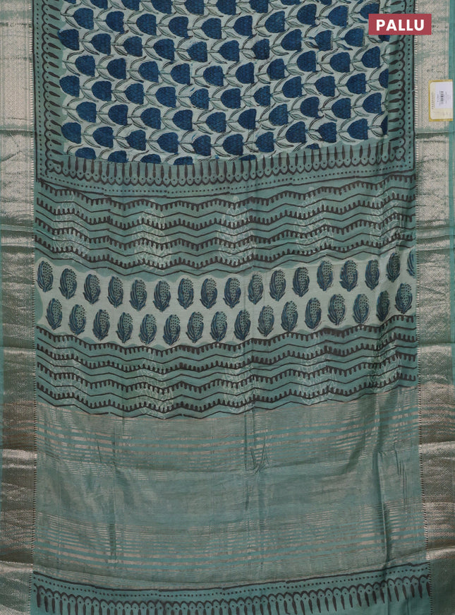 Semi chanderi saree pastel green with allover ajrakh prints and zari woven border