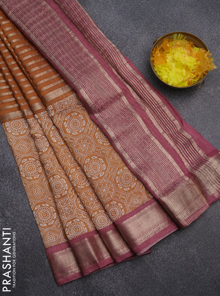 Semi chanderi saree dark mustard and rosy brown with zari weaves and long ajrakh printed zari border