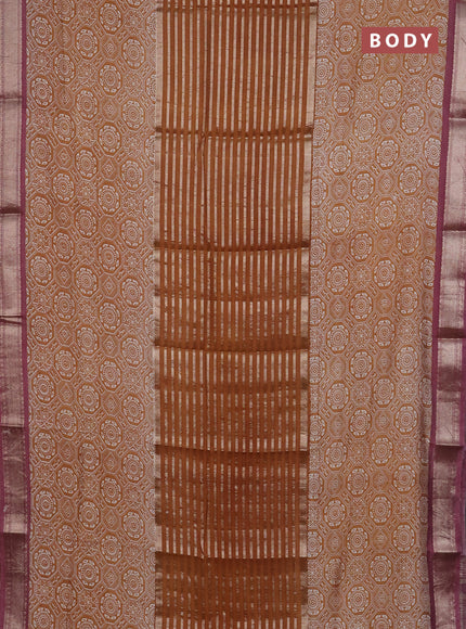 Semi chanderi saree dark mustard and rosy brown with zari weaves and long ajrakh printed zari border