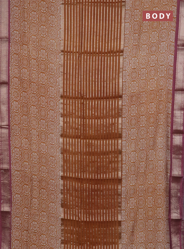 Semi chanderi saree dark mustard and rosy brown with zari weaves and long ajrakh printed zari border