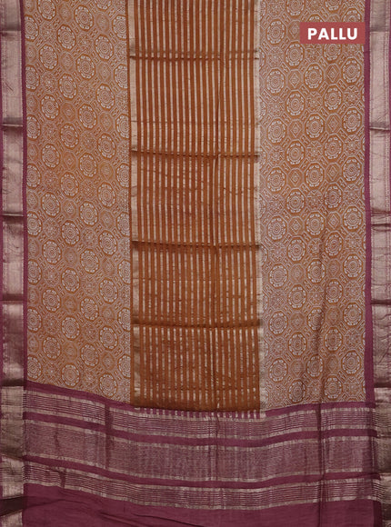 Semi chanderi saree dark mustard and rosy brown with zari weaves and long ajrakh printed zari border