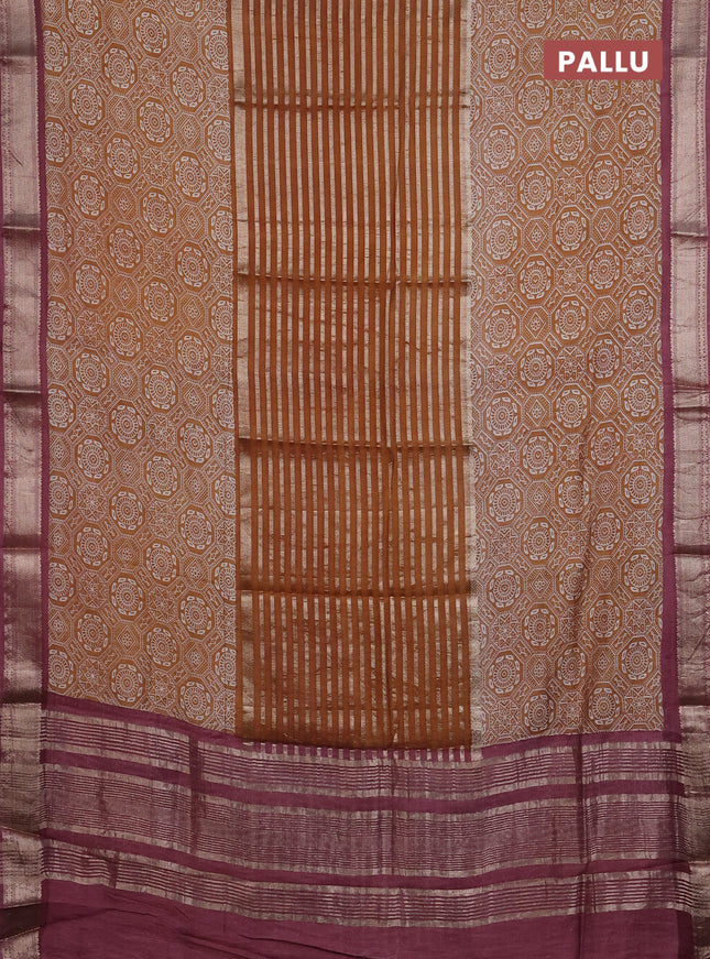 Semi chanderi saree dark mustard and rosy brown with zari weaves and long ajrakh printed zari border