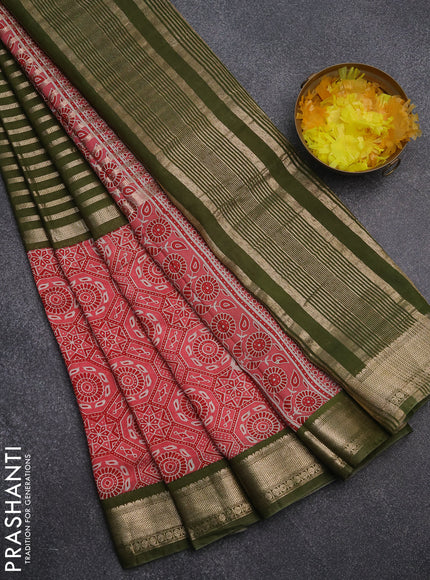 Semi chanderi saree mehendi green and pink with zari weaves and long ajrakh printed zari border