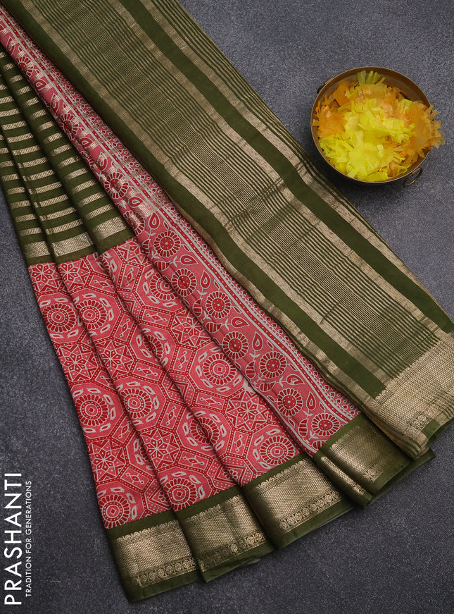 Semi chanderi saree mehendi green and pink with zari weaves and long ajrakh printed zari border