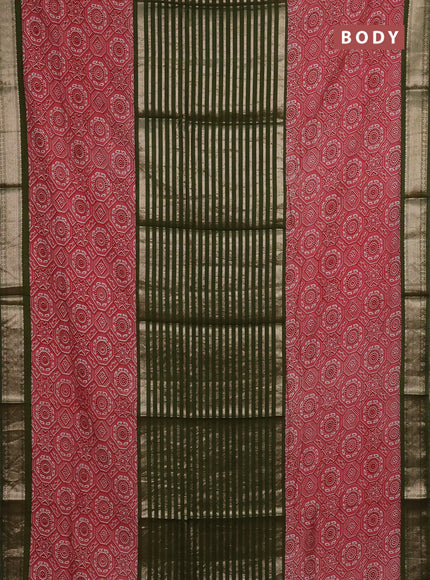 Semi chanderi saree mehendi green and pink with zari weaves and long ajrakh printed zari border