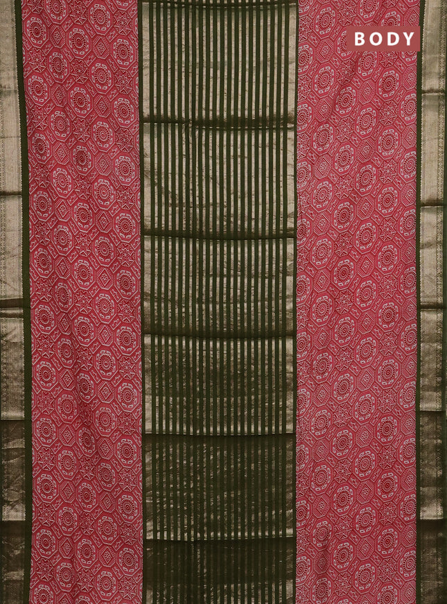 Semi chanderi saree mehendi green and pink with zari weaves and long ajrakh printed zari border