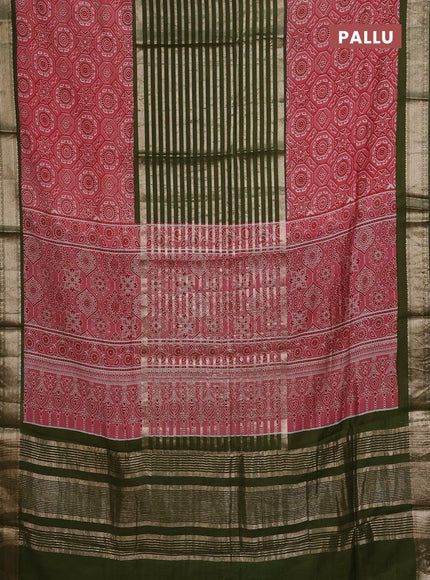 Semi chanderi saree mehendi green and pink with zari weaves and long ajrakh printed zari border