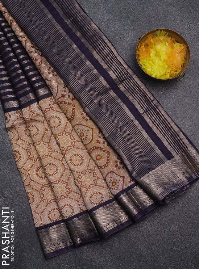 Semi chanderi saree deep jamun and sandal with zari weaves and long ajrakh printed zari border