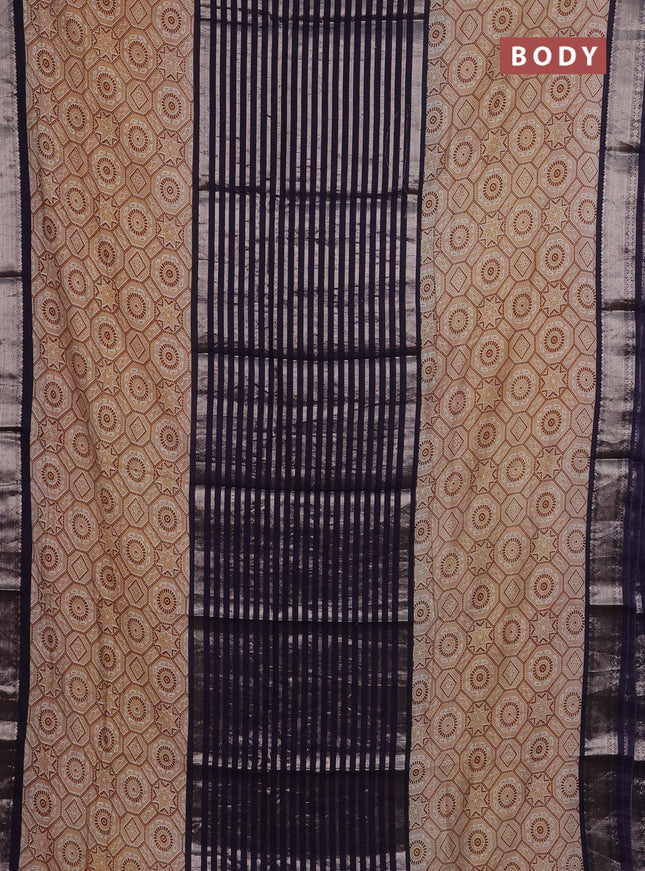 Semi chanderi saree deep jamun and sandal with zari weaves and long ajrakh printed zari border