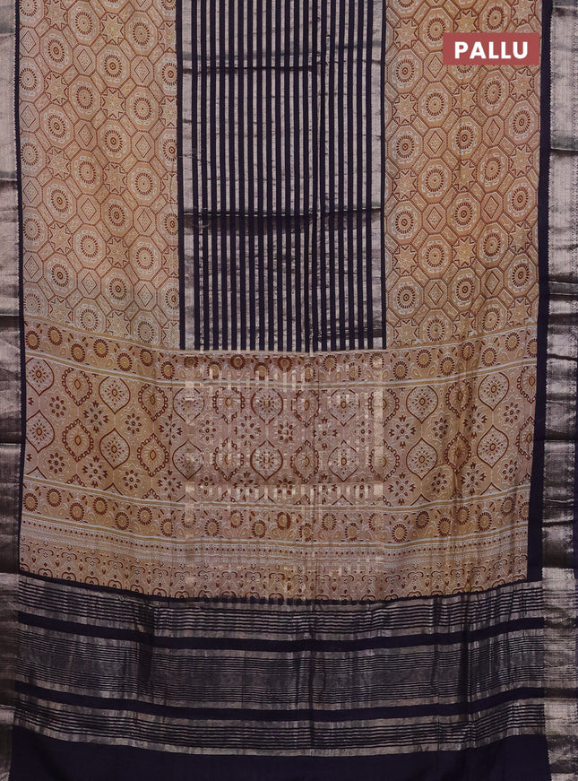 Semi chanderi saree deep jamun and sandal with zari weaves and long ajrakh printed zari border